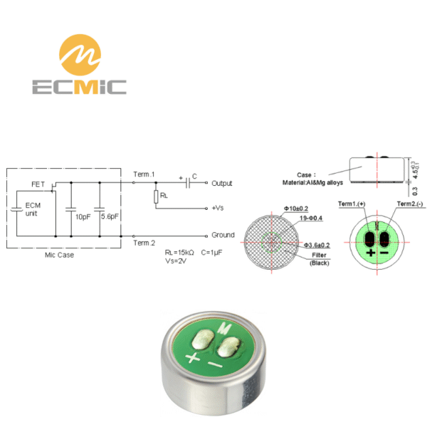 ECM-B1045AML36-061 microphone circuit diagram and dimensions, showing key components and size