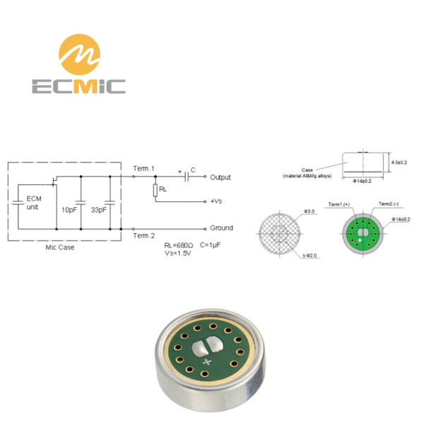 Diagrama del circuito del micrófono ECM-B1445UL44-476 y dimensiones, mostrando los componentes clave y el tamaño