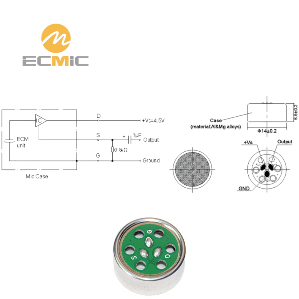 ECM-B1465UL42-231165 microphone circuit diagram and dimensions, showing key components and size
