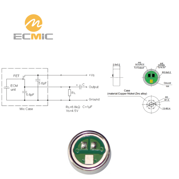 ECM-B5820AL43-593 microphone circuit diagram and dimensions, showing key components and size