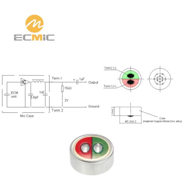 ECM-B5820AML40-522 microphone circuit diagram and dimensions, showing key components and size