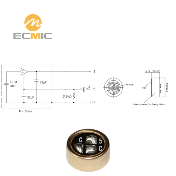 ECM-B6026NL52-454 microphone circuit diagram and dimensions, showing key components and size
