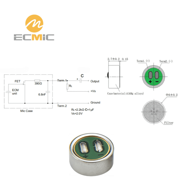 ECM-B6027AL30RC microphone circuit diagram and dimensions, showing key components and size