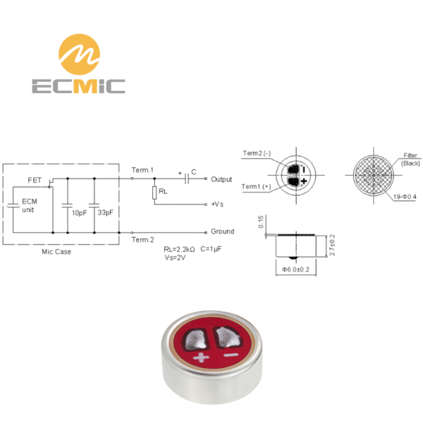 ECM-B6027AL32-358 마이크 회로도 및 치수, 주요 구성 요소 및 크기 표시