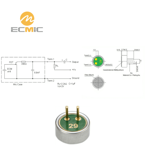 ECM-B6027AP2.8-30RC microphone circuit diagram and dimensions, showing key components and size