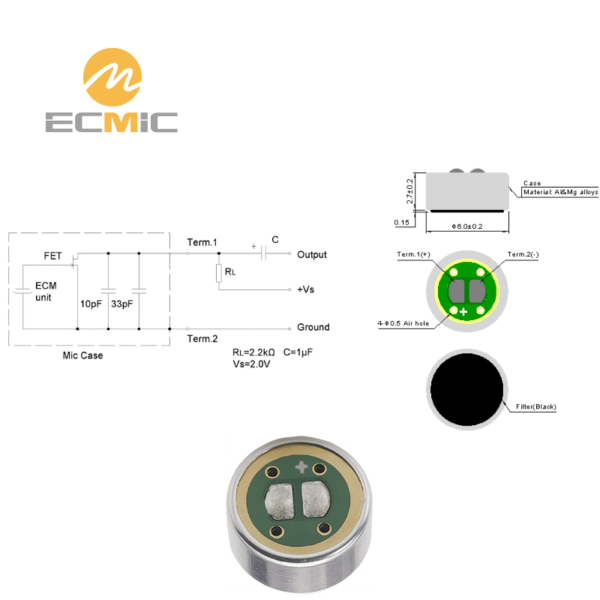 ECM-B6027UL-906 microphone circuit diagram and dimensions, showing key components and size
