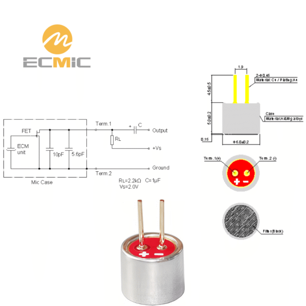 ECM-B6050AP40-069 microphone circuit diagram and dimensions, showing key components and size