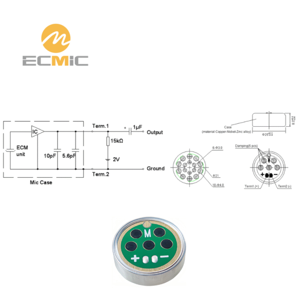 ECM-B2583UML32-23861 microphone circuit diagram and dimensions, showing key components and size