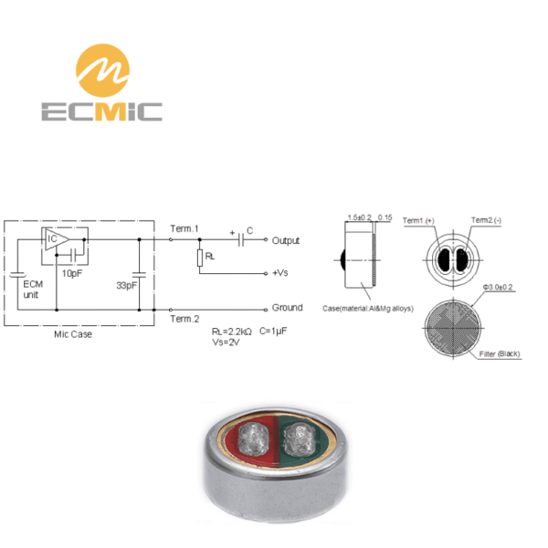 ECM-B3015AL-42 microphone circuit diagram and dimensions, showing key components and size
