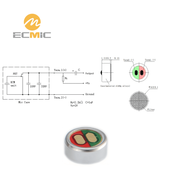 ECM-B4015AL30 microphone circuit diagram and dimensions, showing key components and size