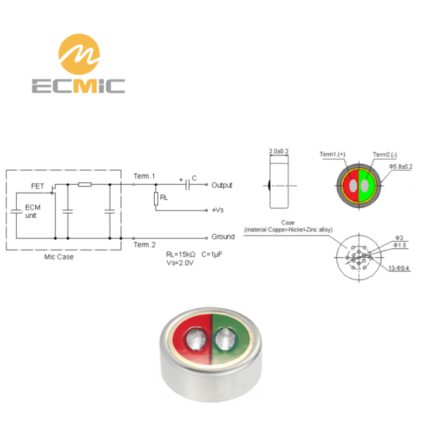 ECM-B5820AML40-247 microphone circuit diagram and dimensions, showing key components and size