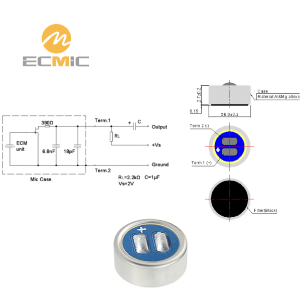 ECM-B6027AL30-715 microphone circuit diagram and dimensions, showing key components and size