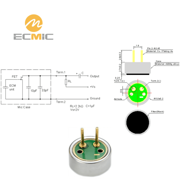 ECM-B6027UP-47 microphone circuit diagram and dimensions, showing key components and size