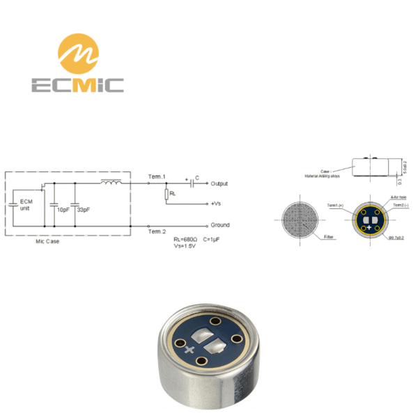 ECM-770 microphone circuit diagram and dimensions, showing key components and size