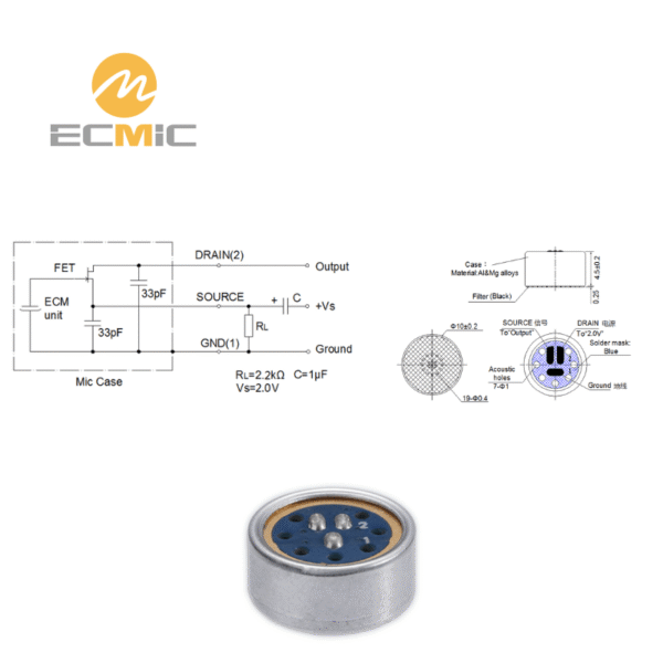 ECM-B1045UL42-187 microphone circuit diagram and dimensions, showing key components and size