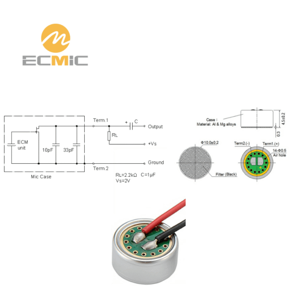 ECM-B1045UL-53-L60 microphone circuit diagram and dimensions, showing key components and size