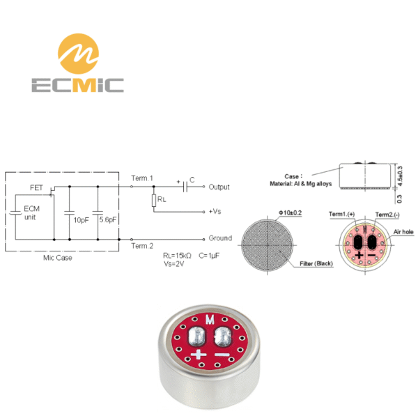 ECM-B1045UML44-464 microphone circuit diagram and dimensions, showing key components and size