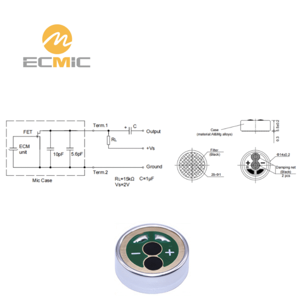 ECM-B1455UML36-813 microphone circuit diagram and dimensions, showing key components and size