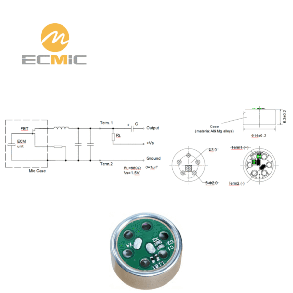 ECM-B1463UL45-290 microphone circuit diagram and dimensions, showing key components and size