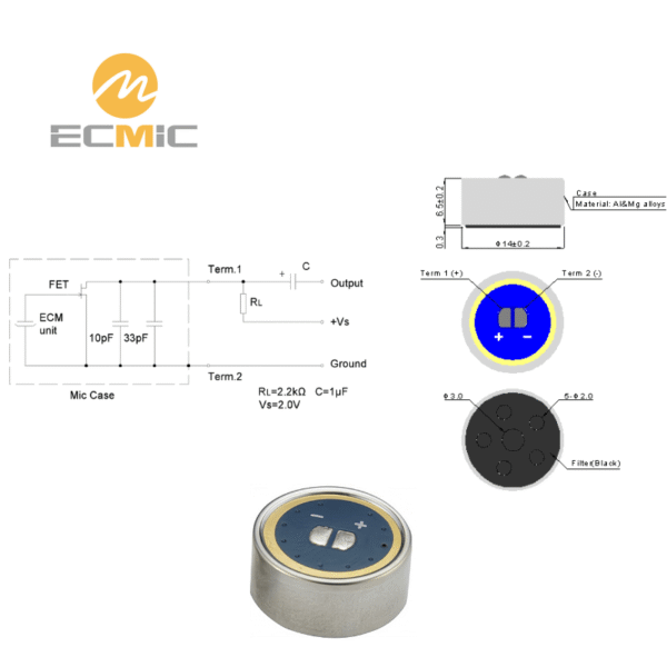 ECM-B1465AL30-279 microphone circuit diagram and dimensions, showing key components and size