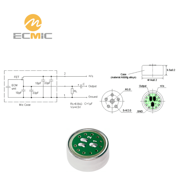 ECM-B1465UL40-449 microphone circuit diagram and dimensions, showing key components and size