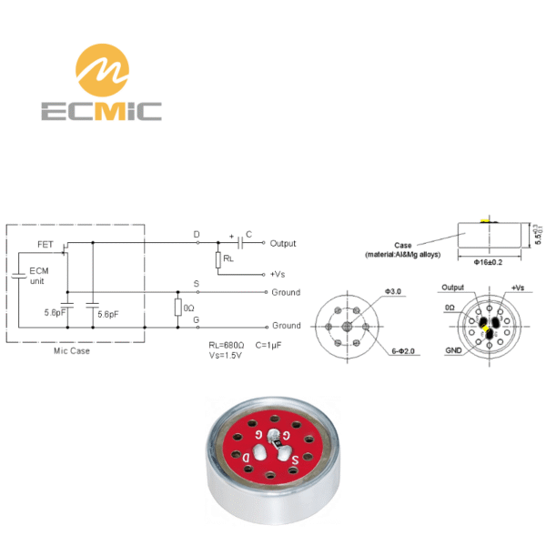 ECM-B1655UL44-280 microphone circuit diagram and dimensions, showing key components and size