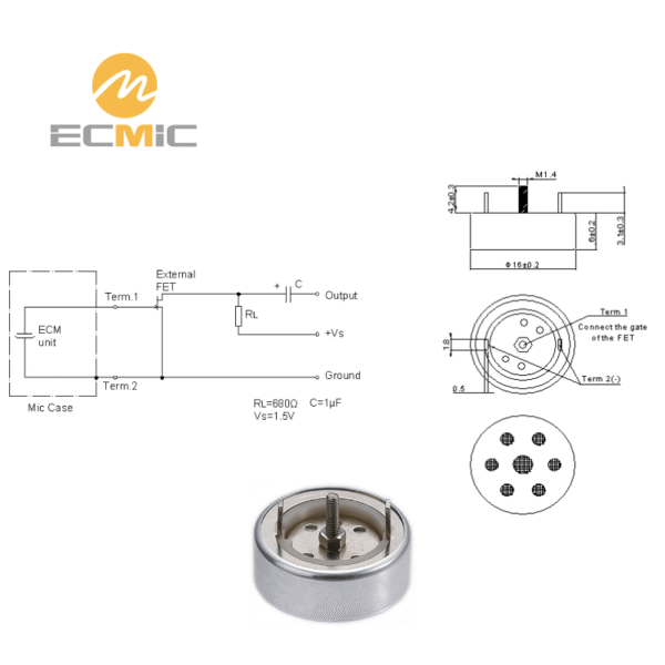 ECM-B1655UL45-541 microphone circuit diagram and dimensions, showing key components and size