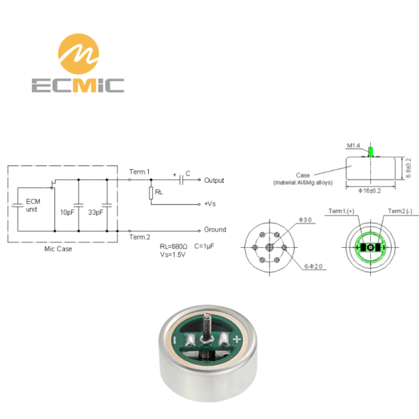 ECM-B1668UL46-320 microphone circuit diagram and dimensions, showing key components and size