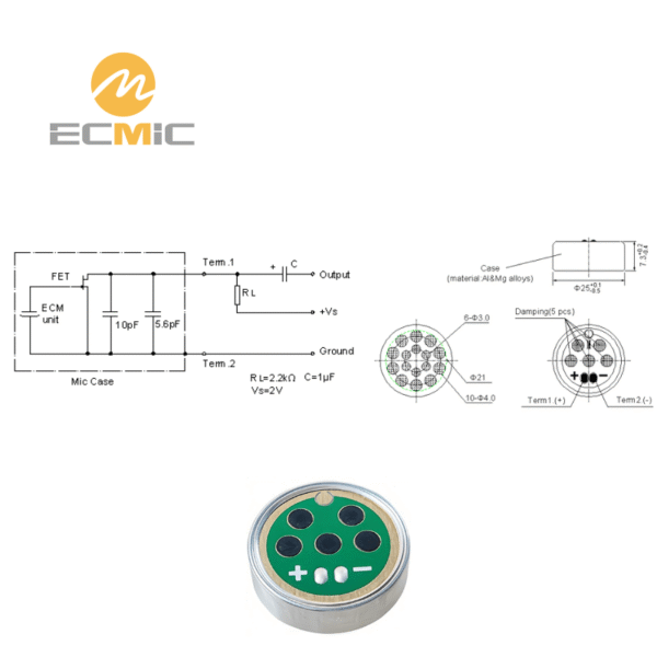 ECM-B2573UL33-23221 microphone circuit diagram and dimensions, showing key components and size