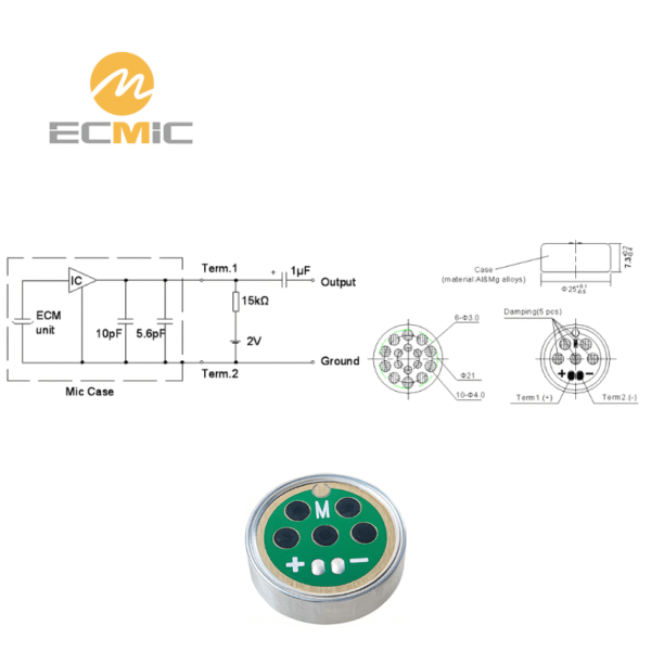 ECM-B2573UML33-23823 microphone circuit diagram and dimensions, showing key components and size