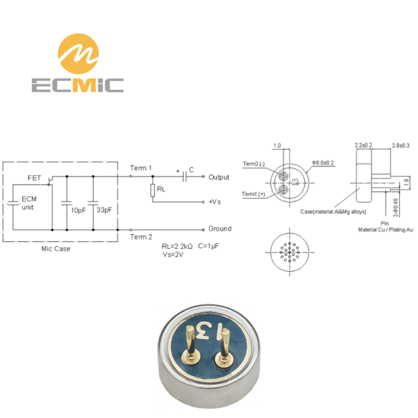 ECM-B6022AP2.8-49 microphone circuit diagram and dimensions, showing key components and size