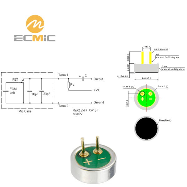 ECM-B6022AP40-23383 microphone circuit diagram and dimensions, showing key components and size