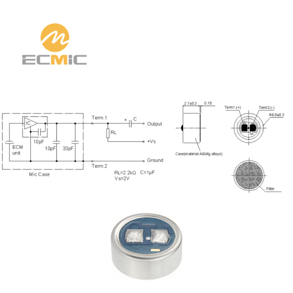 ECM-B6027AL26-941 microphone circuit diagram and dimensions, showing key components and size