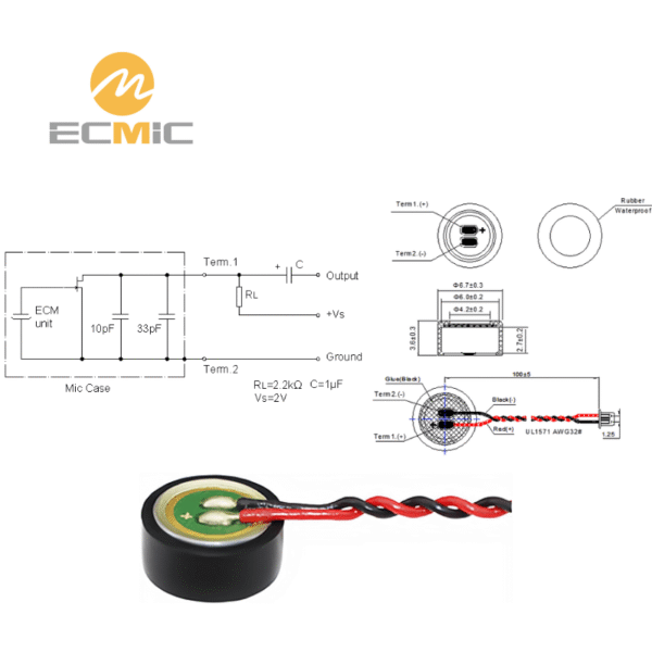 ECM-B6027AL30-L100DFS microphone circuit diagram and dimensions, showing key components and size