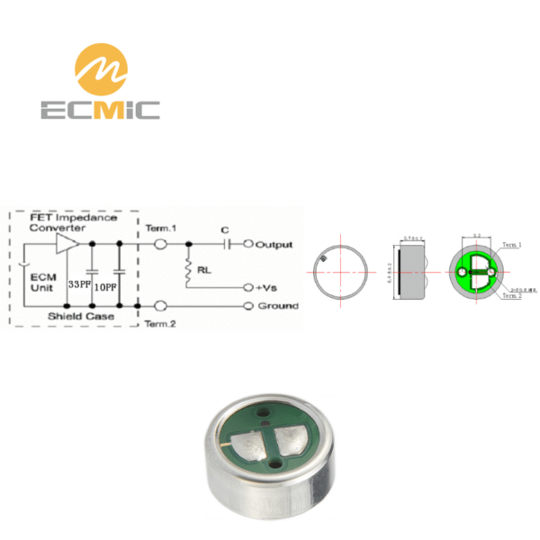 ECM-B6027UL-50 microphone circuit diagram and dimensions, showing key components and size
