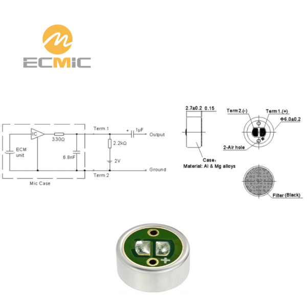 ECM-B6027UL50-23702 microphone circuit diagram and dimensions, showing key components and size