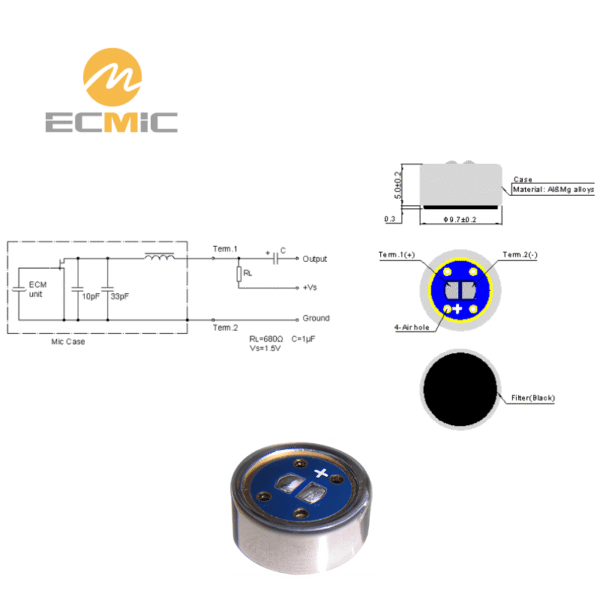 ECM-9750マイクロホンの回路図と寸法（主要部品とヘッドセット用途のサイズを示す