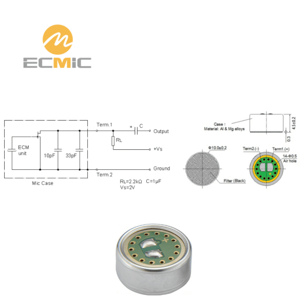 ECM-B1045UL-53 microphone circuit diagram and dimensions, showing key components and size