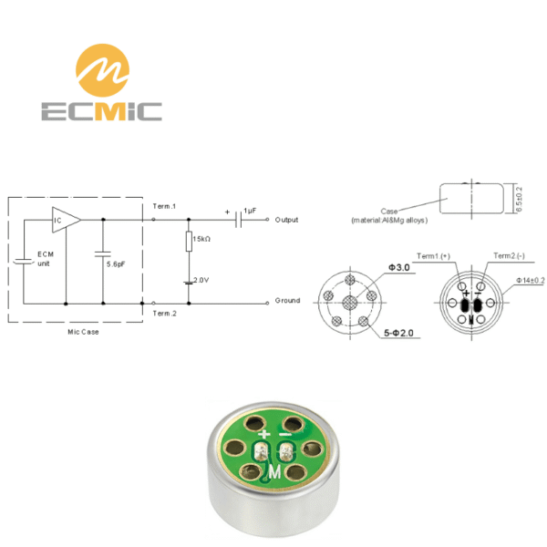 ECM-B1465UML40-231045 microphone circuit diagram and dimensions, showing key components and size