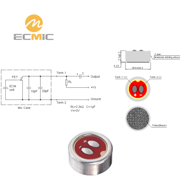 ECM-B6027AML38-728 microphone circuit diagram and dimensions, showing key components and size