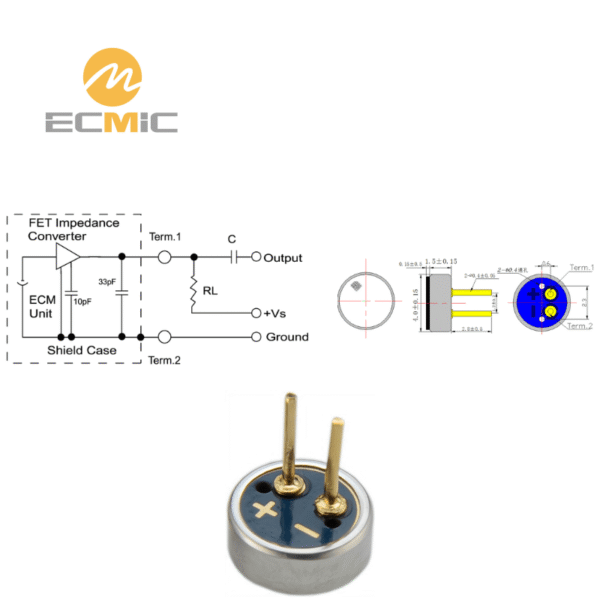 B4015UP38-YL microphone circuit diagram and dimensions, showing key components and size