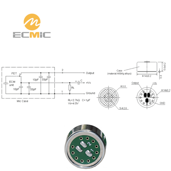 ECM-B1450UL43-351 microphone circuit diagram and dimensions, showing key components and size