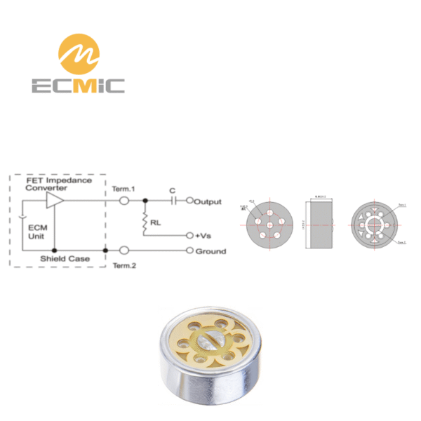 ECM-B1465UL-45 microphone circuit diagram and dimensions, showing key components and size