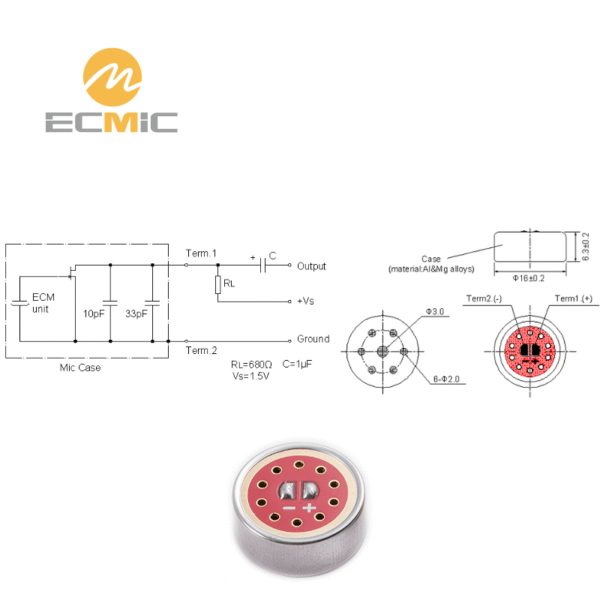 ECM-B1663UL46-321 microphone circuit diagram and dimensions, showing key components and size