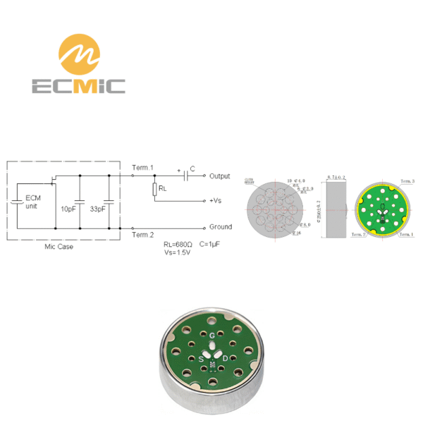 ECM-B25087UL-45 microphone circuit diagram and dimensions, showing key components and size