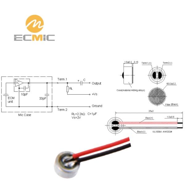 ECM-B3015AL-42-L25 microphone circuit diagram and dimensions, showing key components and size