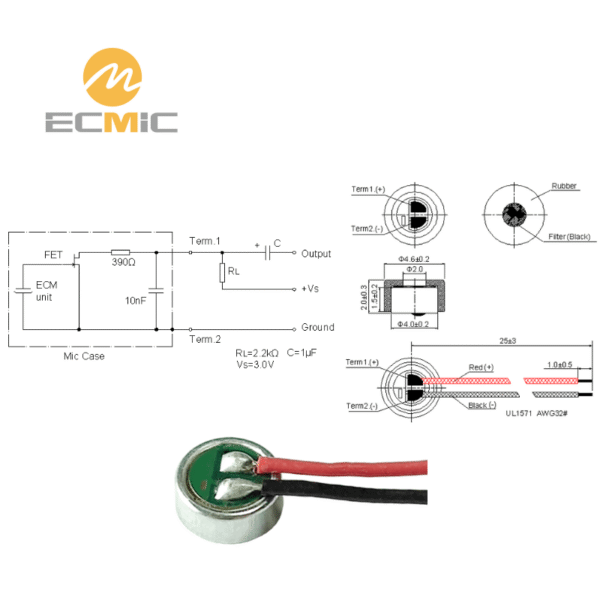 ECM-B4015AL38RC-L25 microphone circuit diagram and dimensions, showing key components and size