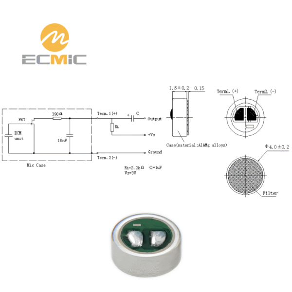 ECM-B4015AL38RC microphone circuit diagram and dimensions, showing key components and size