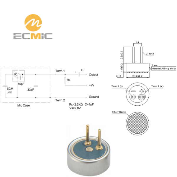 ECM-B4015AP-30 microphone circuit diagram and dimensions, showing key components and size