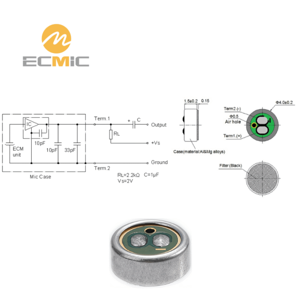 ECM-B4015UL-30 microphone circuit diagram and dimensions, showing key components and size